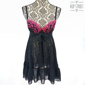 INNER SECRETS Nightie Embroidered Bra Cup Chiffon Skirt Ruffle Hem S